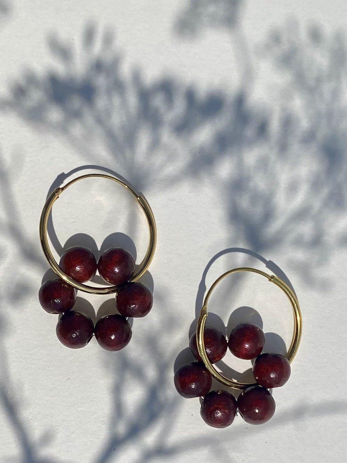Red Wood Charm Hoops