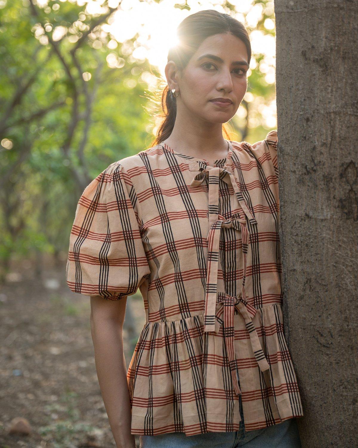 Venus Gingham Peplum Tie Top